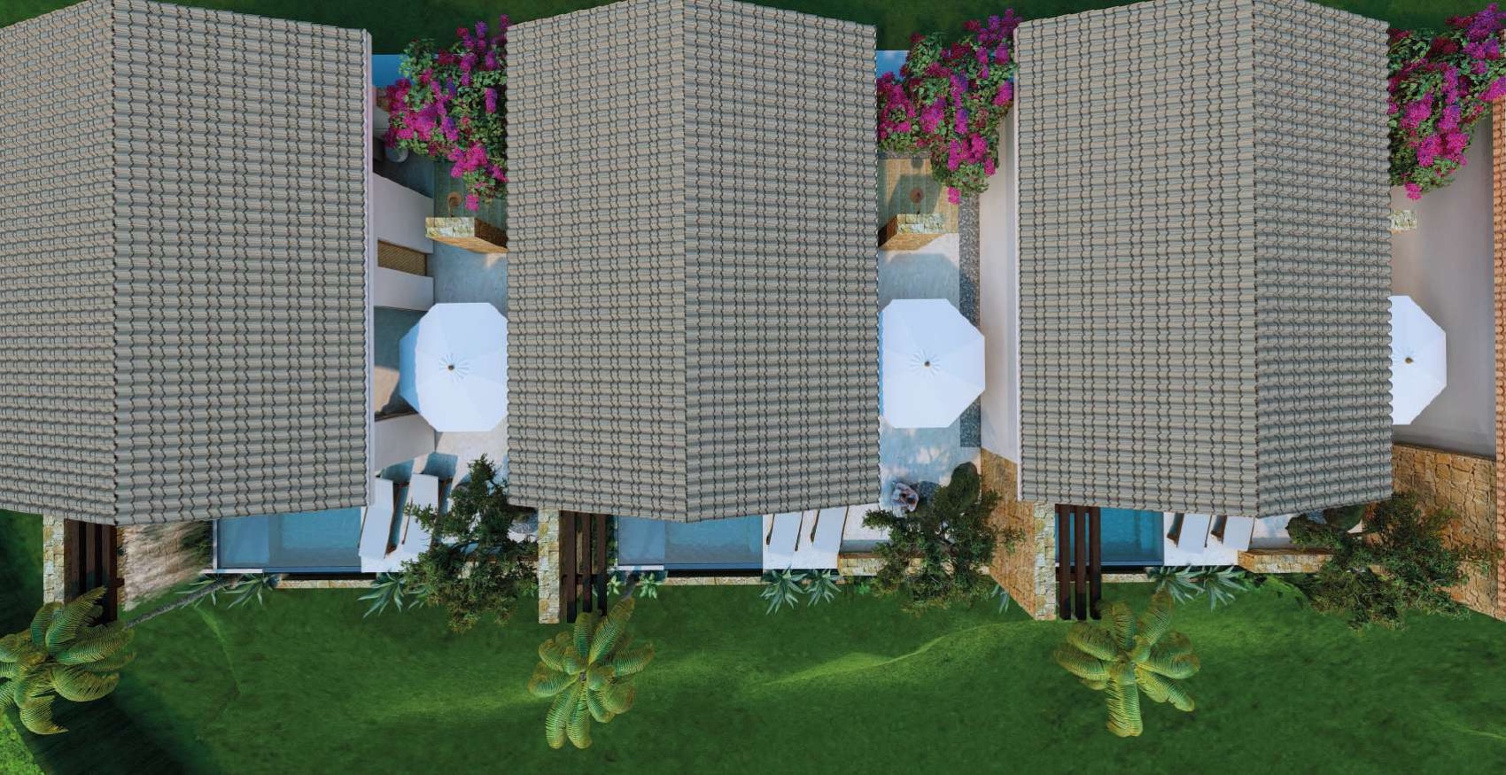 Vista aérea de las suites con sus terrazas y jardín (render)